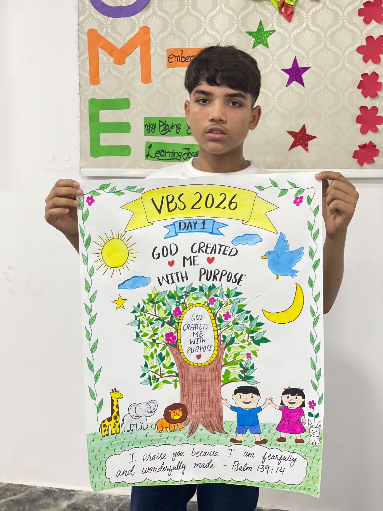 A participant shares a handmade poster about being created with purpose.